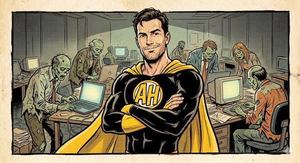 The Ad Hero stands unbothered while prompt zombies work around him